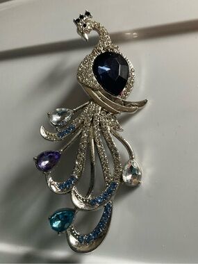 Peacock Brooch with Multicolored Gemstones and Blue & Clear Stones on Silver